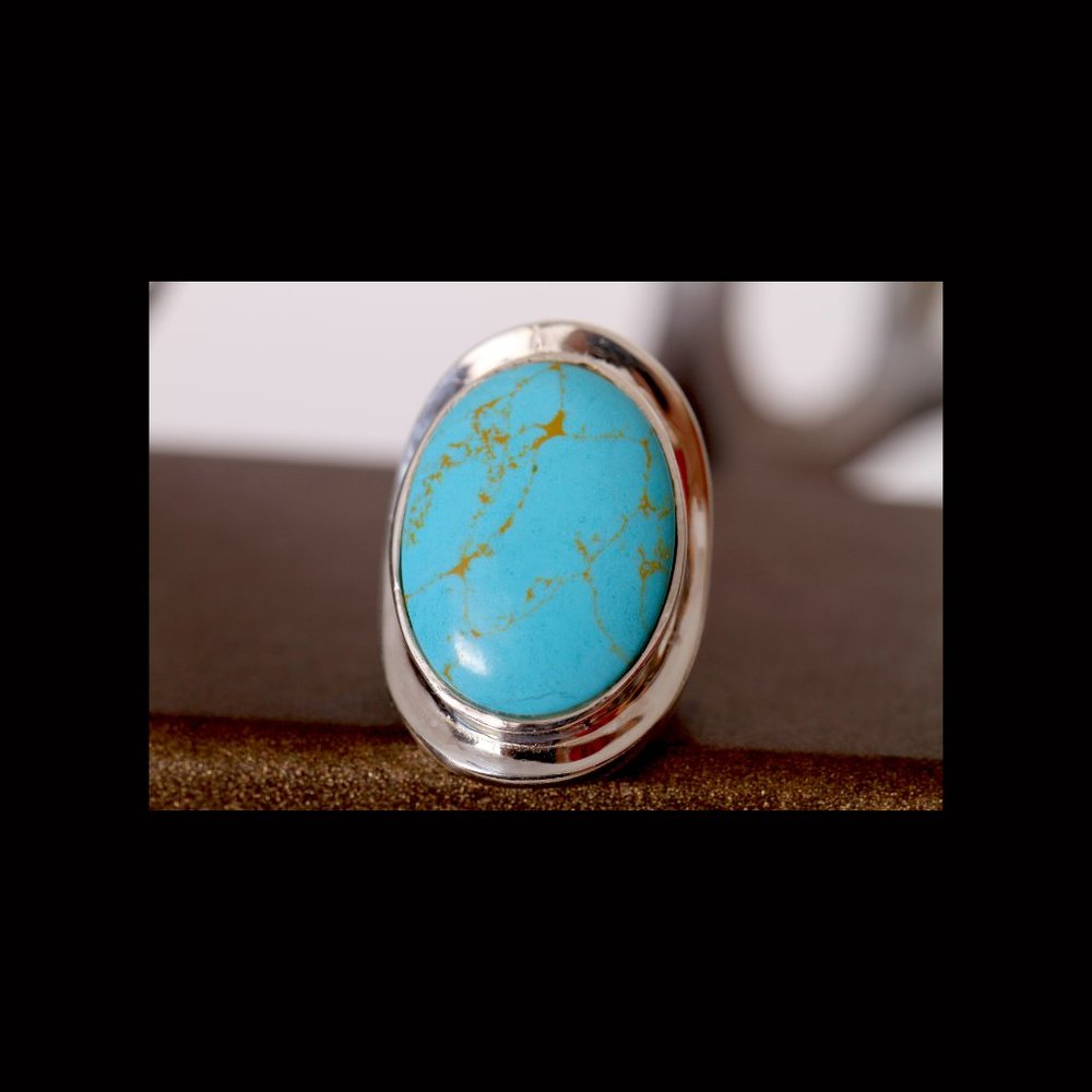 A Vintage Turquoise 925 Oval Ring - Picture 2 of 9